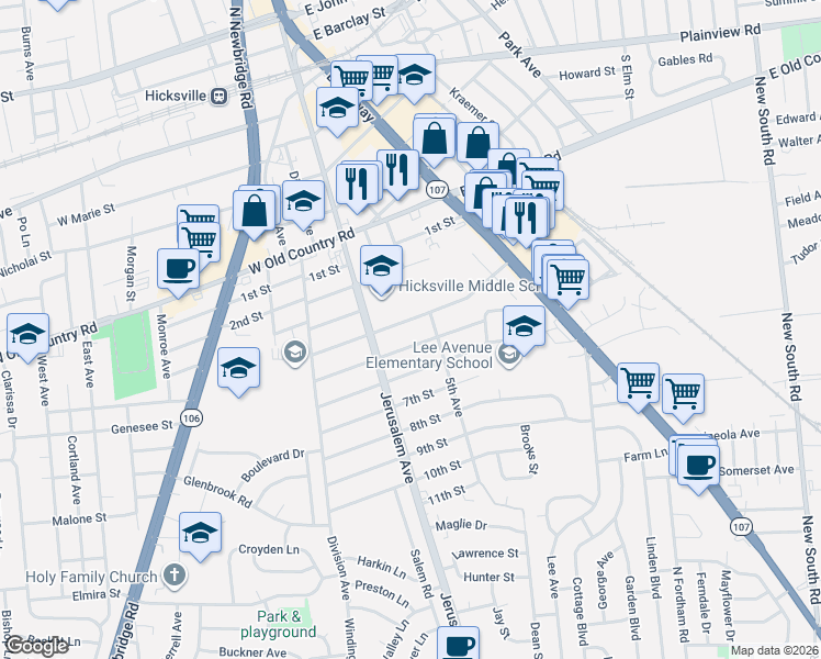 map of restaurants, bars, coffee shops, grocery stores, and more near 133 5th Street in Hicksville