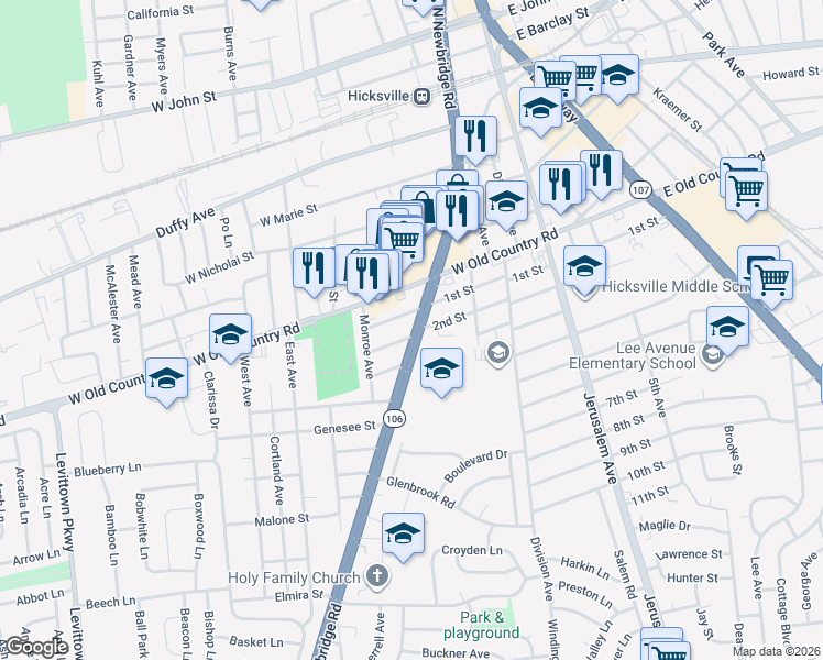 map of restaurants, bars, coffee shops, grocery stores, and more near 231 Newbridge Road in Hicksville