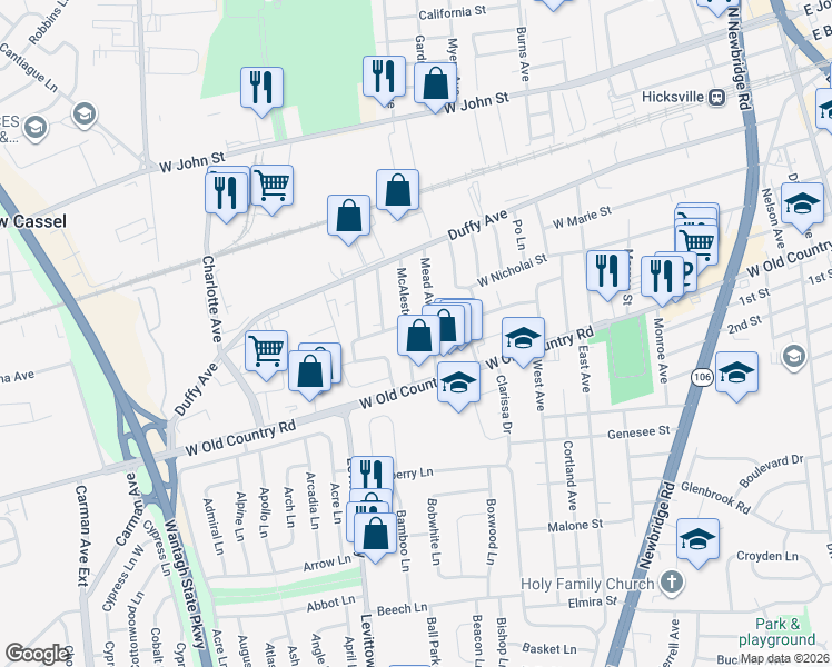 map of restaurants, bars, coffee shops, grocery stores, and more near 67 McAlester Avenue in Hicksville