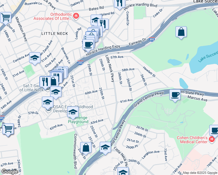 map of restaurants, bars, coffee shops, grocery stores, and more near 60-24 Little Neck Parkway in Queens