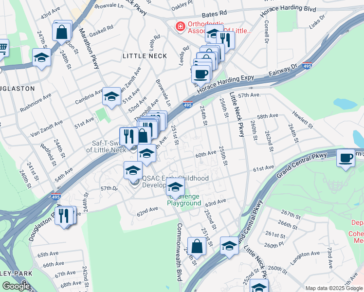 map of restaurants, bars, coffee shops, grocery stores, and more near 251 60th Avenue in Queens