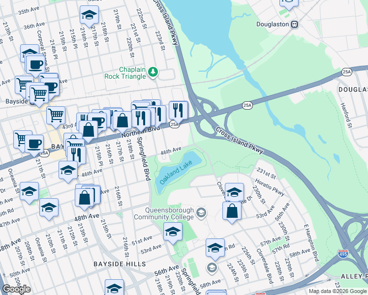 map of restaurants, bars, coffee shops, grocery stores, and more near 46-19 220th Place in Queens