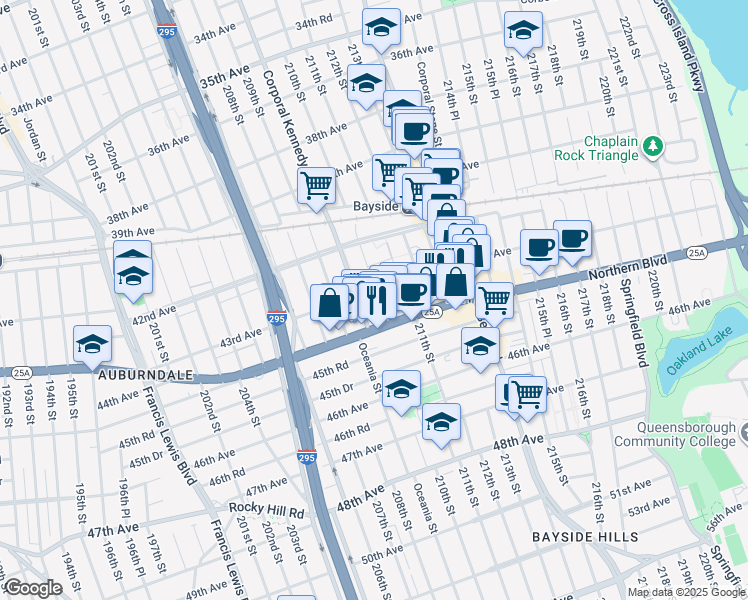 map of restaurants, bars, coffee shops, grocery stores, and more near 20965 Northern Boulevard in Queens