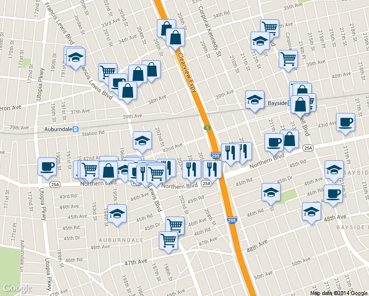 map of restaurants, bars, coffee shops, grocery stores, and more near 42-29 203rd Street in Queens