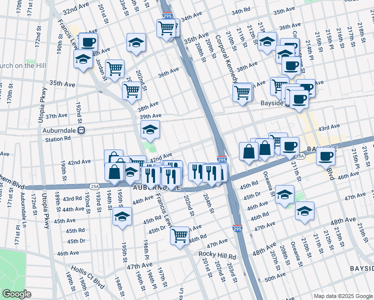 map of restaurants, bars, coffee shops, grocery stores, and more near 42-29 203rd Street in Queens