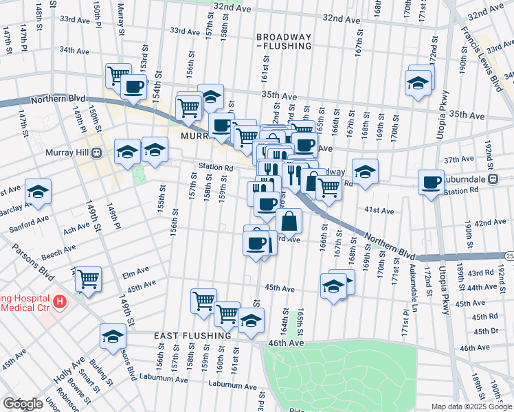 map of restaurants, bars, coffee shops, grocery stores, and more near 42-26 162nd Street in Queens