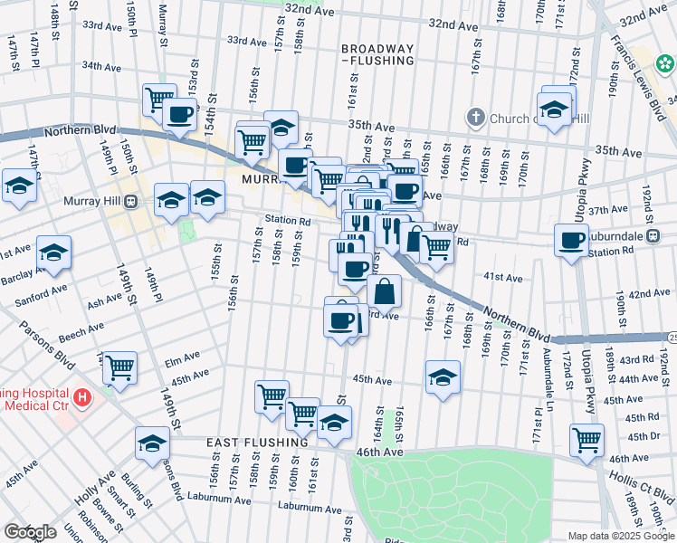 map of restaurants, bars, coffee shops, grocery stores, and more near 42-26 162nd Street in Queens
