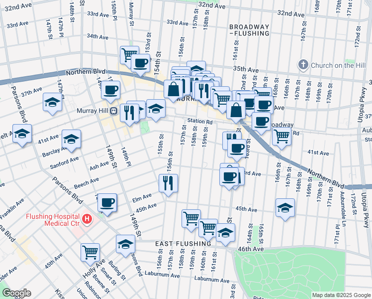 map of restaurants, bars, coffee shops, grocery stores, and more near 42-60 157th Street in Queens