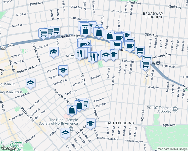 map of restaurants, bars, coffee shops, grocery stores, and more near 149-34 Ash Avenue in Queens