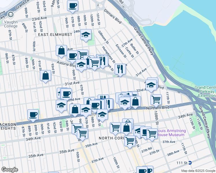 map of restaurants, bars, coffee shops, grocery stores, and more near 10110 32nd Avenue in Queens