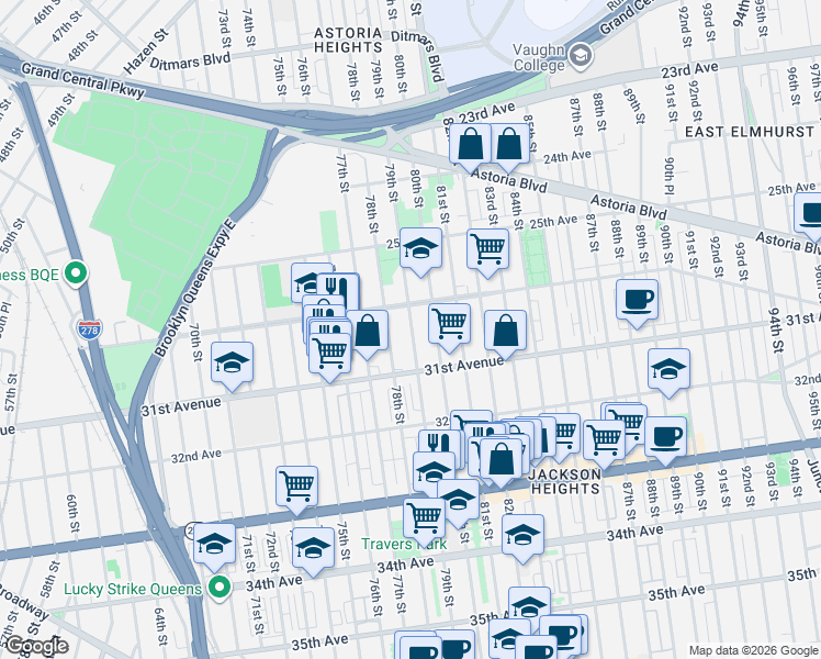 map of restaurants, bars, coffee shops, grocery stores, and more near 30-49 79th Street in Queens