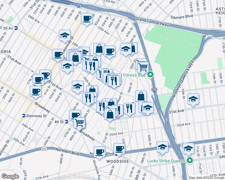 map of restaurants, bars, coffee shops, grocery stores, and more near 30-30 50th Street in Queens