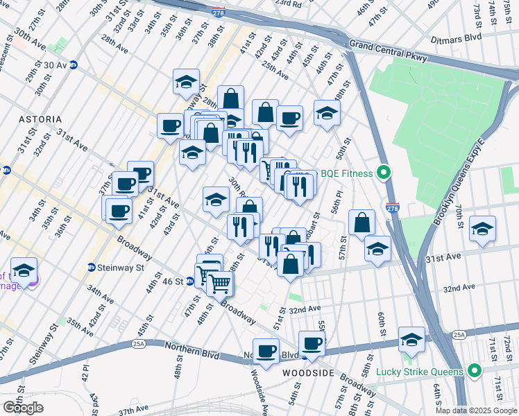map of restaurants, bars, coffee shops, grocery stores, and more near 30-55 48th Street in Queens