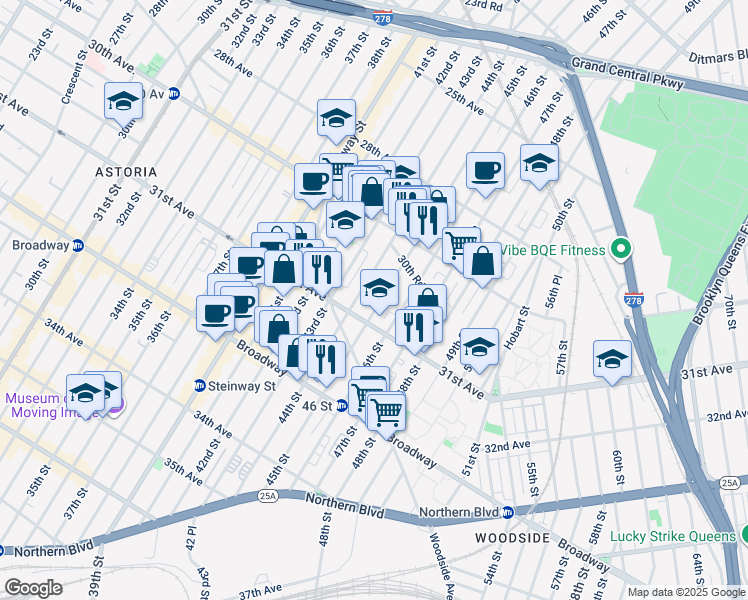 map of restaurants, bars, coffee shops, grocery stores, and more near 45-11 31st Avenue in Queens