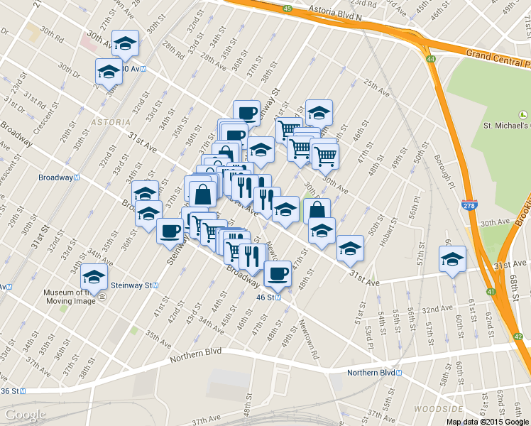map of restaurants, bars, coffee shops, grocery stores, and more near 31-09 44th Street in Queens