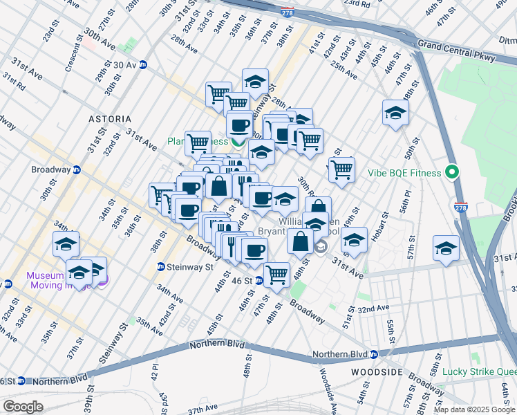 map of restaurants, bars, coffee shops, grocery stores, and more near 31-09 44th Street in Queens