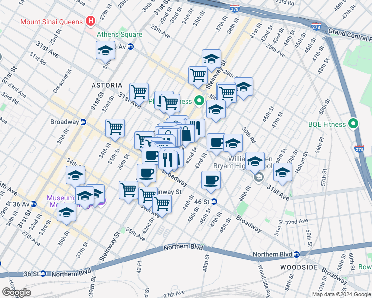 map of restaurants, bars, coffee shops, grocery stores, and more near 31-49 41st Street in Queens