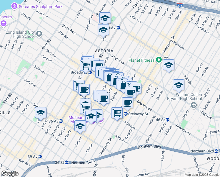 map of restaurants, bars, coffee shops, grocery stores, and more near 32-40 35th Street in Queens