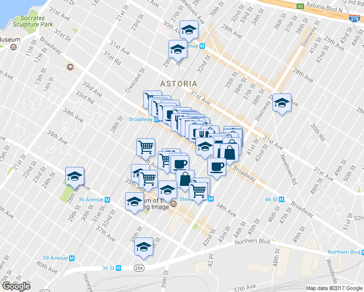 map of restaurants, bars, coffee shops, grocery stores, and more near 32-40 35th Street in Queens