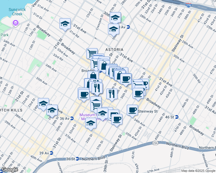 map of restaurants, bars, coffee shops, grocery stores, and more near 32-60 34th Street in Queens