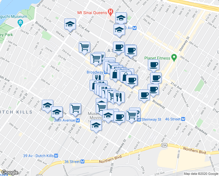 map of restaurants, bars, coffee shops, grocery stores, and more near 32-60 34th Street in Queens
