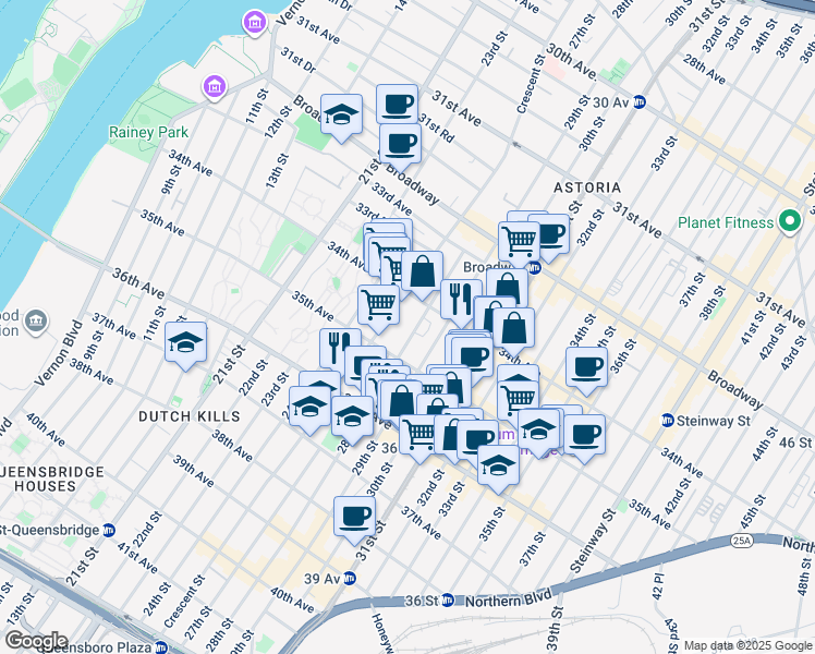 map of restaurants, bars, coffee shops, grocery stores, and more near 3449 28th Street in Queens