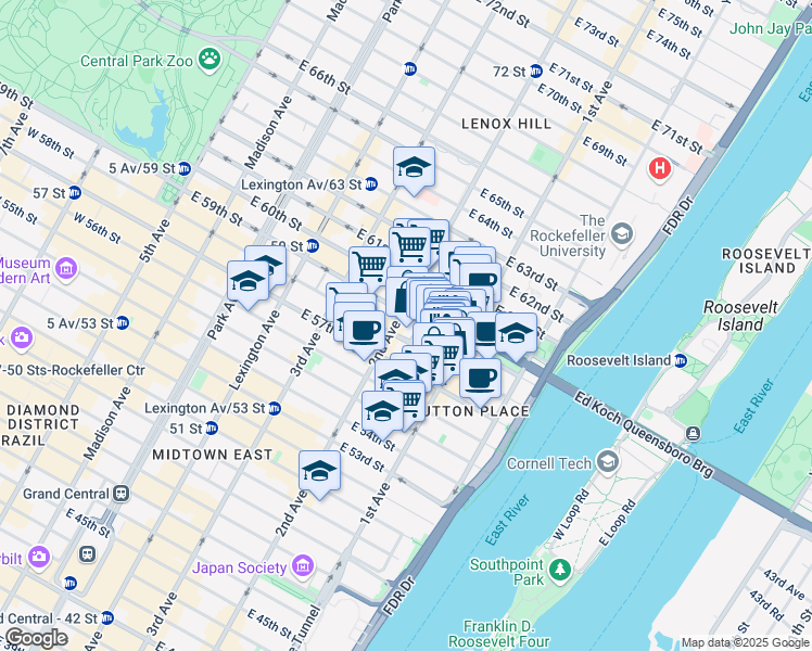 map of restaurants, bars, coffee shops, grocery stores, and more near 331 East 58th Street in New York