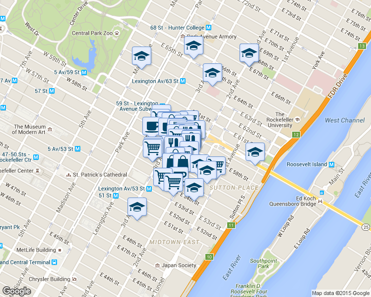 map of restaurants, bars, coffee shops, grocery stores, and more near 220 East 56th Street in New York
