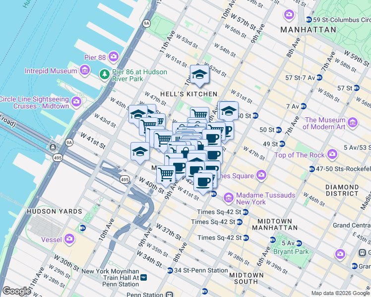 map of restaurants, bars, coffee shops, grocery stores, and more near in New York