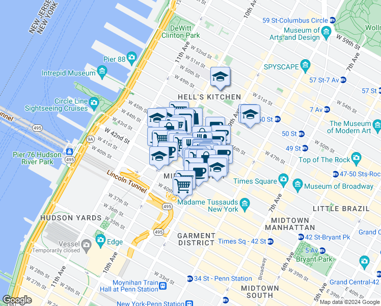 map of restaurants, bars, coffee shops, grocery stores, and more near 576 10th Avenue in New York