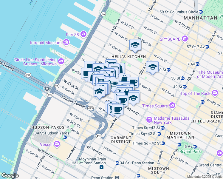 map of restaurants, bars, coffee shops, grocery stores, and more near 576 10th Avenue in New York