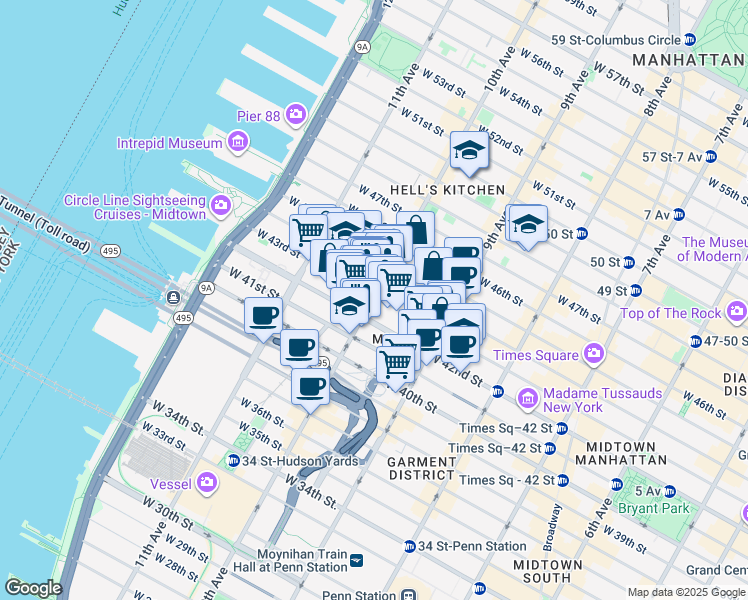 map of restaurants, bars, coffee shops, grocery stores, and more near 576 10th Avenue in New York