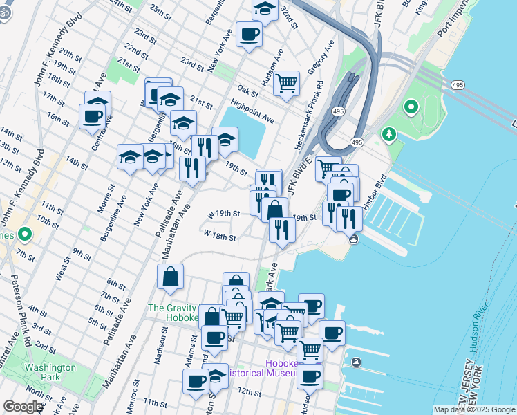 map of restaurants, bars, coffee shops, grocery stores, and more near 1822 Willow Avenue in Weehawken
