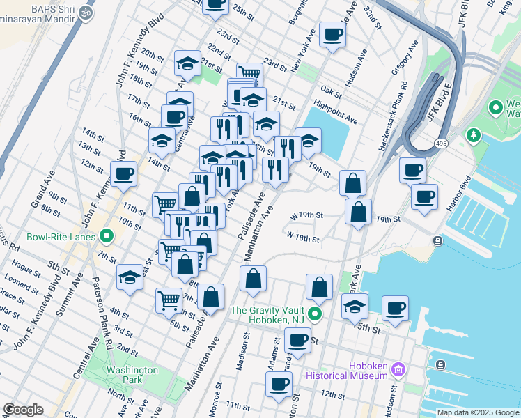 map of restaurants, bars, coffee shops, grocery stores, and more near 1304 Palisade Avenue in Union City