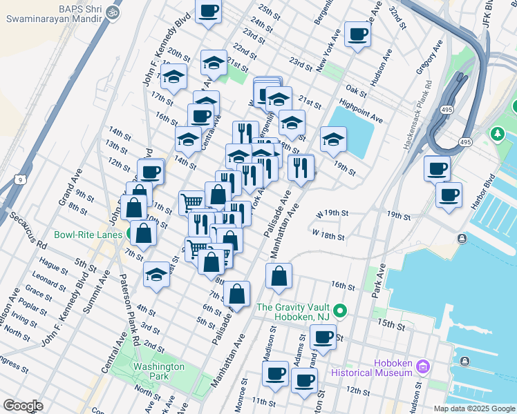 map of restaurants, bars, coffee shops, grocery stores, and more near 319 13th Street in Union City