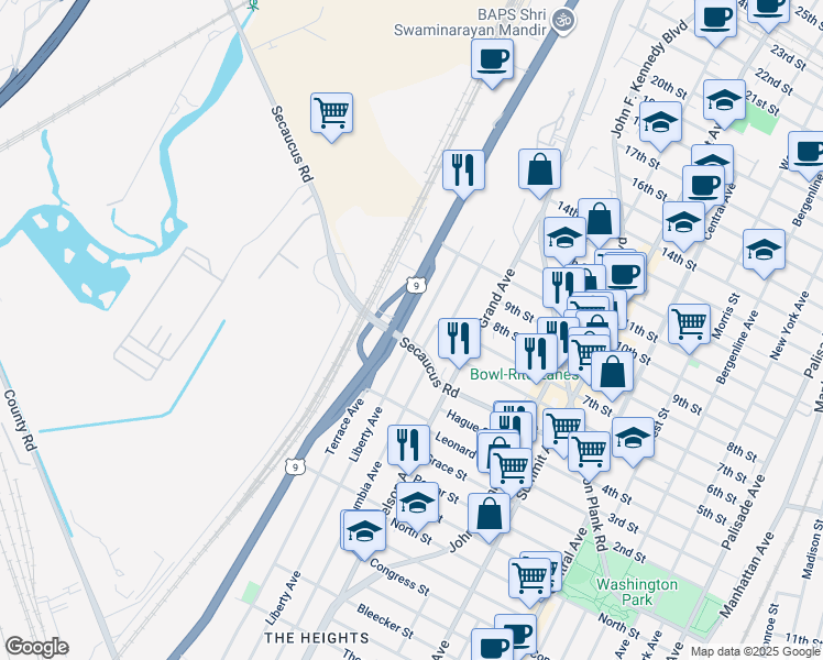 map of restaurants, bars, coffee shops, grocery stores, and more near in North Bergen