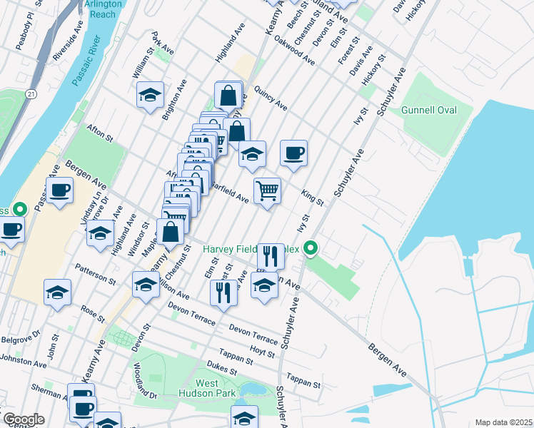 map of restaurants, bars, coffee shops, grocery stores, and more near 188 Davis Avenue in Kearny