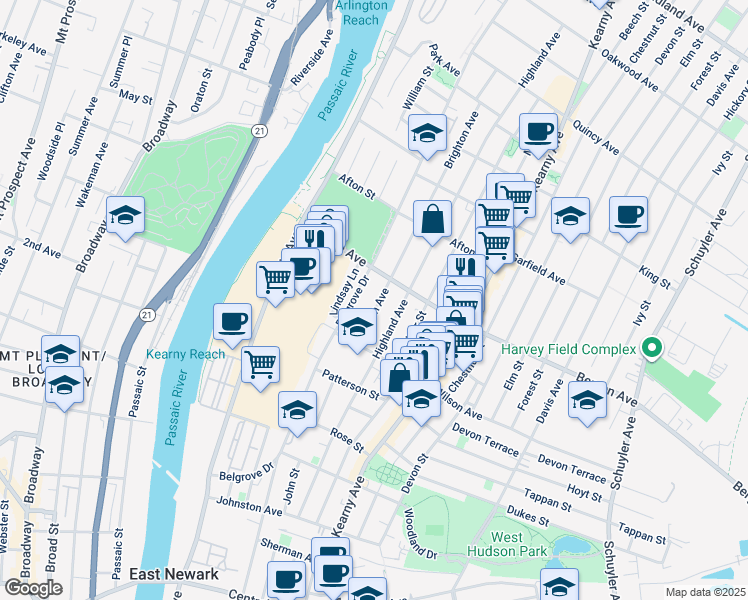 map of restaurants, bars, coffee shops, grocery stores, and more near 28 Brighton Avenue in Kearny
