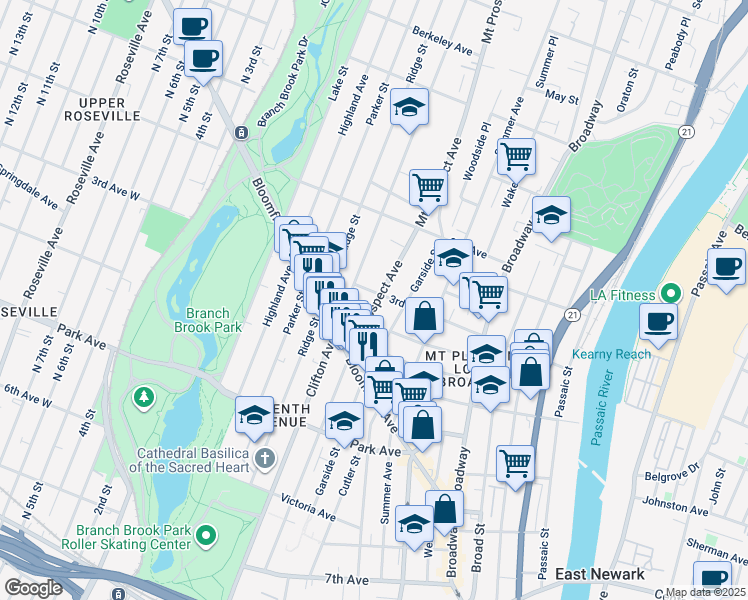 map of restaurants, bars, coffee shops, grocery stores, and more near 230 Garside Street in Newark
