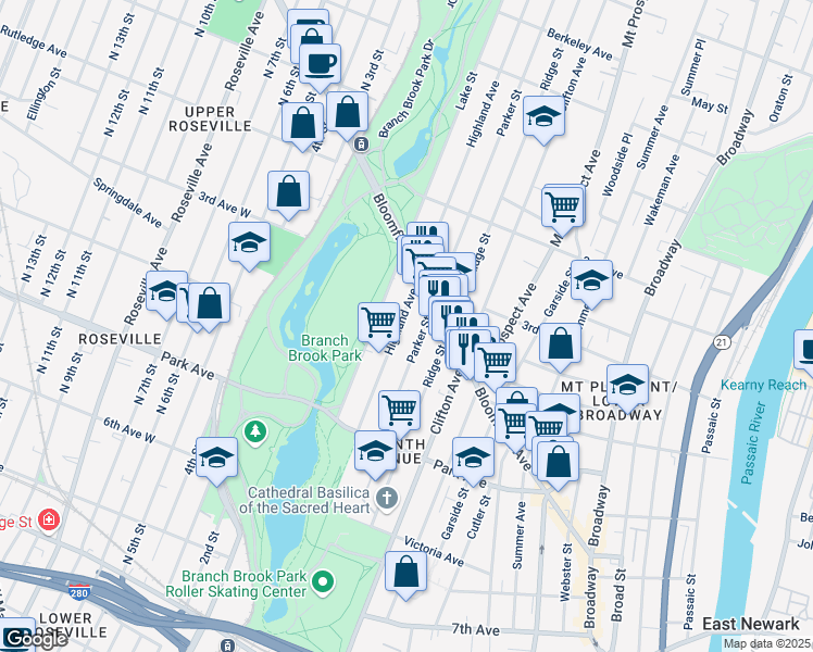 map of restaurants, bars, coffee shops, grocery stores, and more near 79 Highland Avenue in Newark