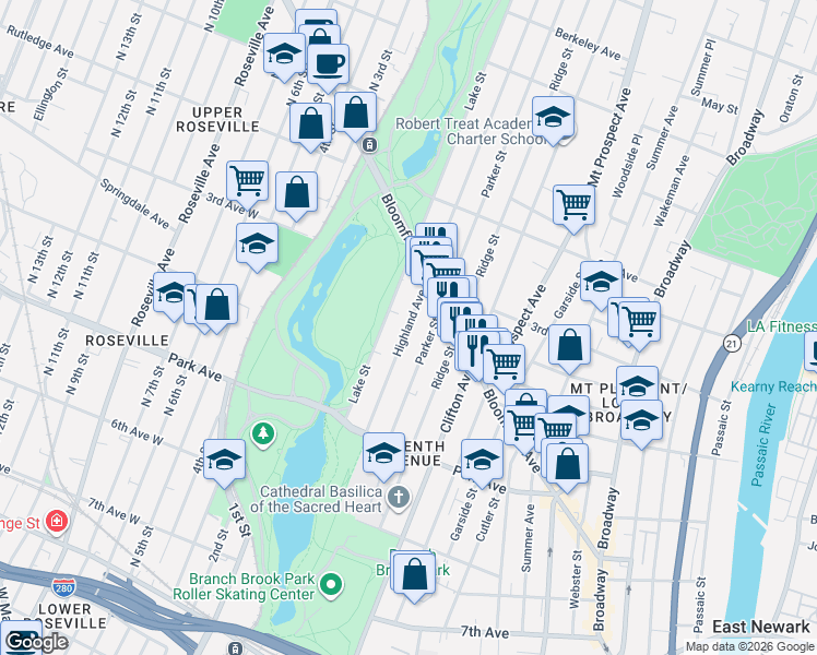 map of restaurants, bars, coffee shops, grocery stores, and more near 79 Highland Avenue in Newark