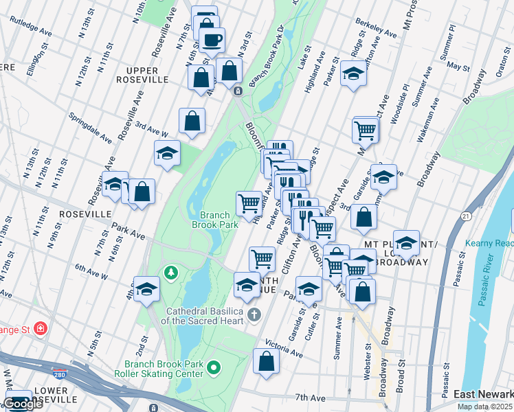 map of restaurants, bars, coffee shops, grocery stores, and more near 79 Highland Avenue in Newark