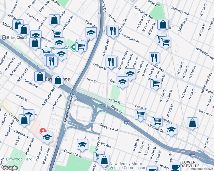 map of restaurants, bars, coffee shops, grocery stores, and more near 80 North Grove Street in East Orange