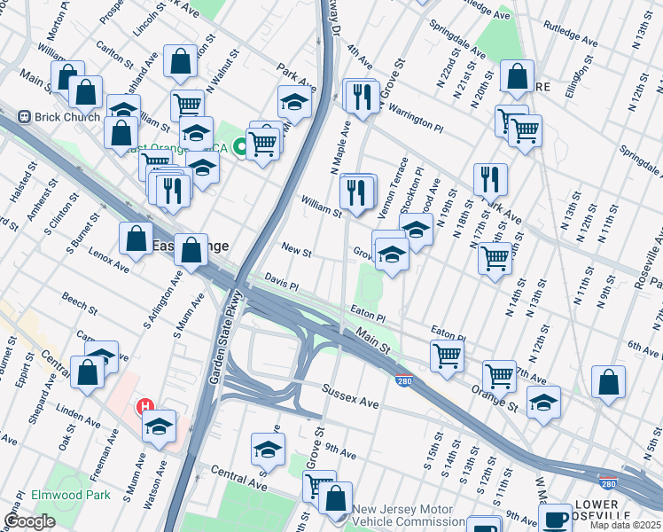 map of restaurants, bars, coffee shops, grocery stores, and more near 80 North Grove Street in East Orange