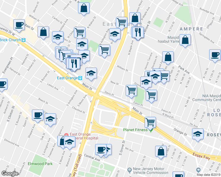 map of restaurants, bars, coffee shops, grocery stores, and more near 3 Davis Avenue in East Orange