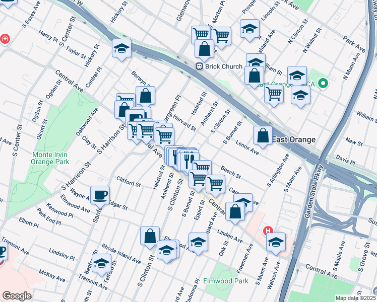 map of restaurants, bars, coffee shops, grocery stores, and more near 173 South Clinton Street in East Orange