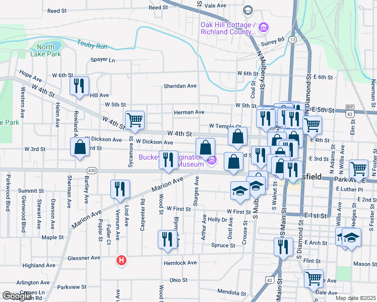 map of restaurants, bars, coffee shops, grocery stores, and more near 228 Park Ave W in Mansfield