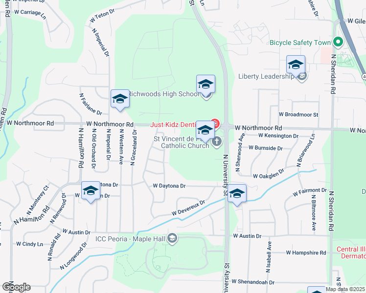 map of restaurants, bars, coffee shops, grocery stores, and more near 1500 West Northmoor Road in Peoria