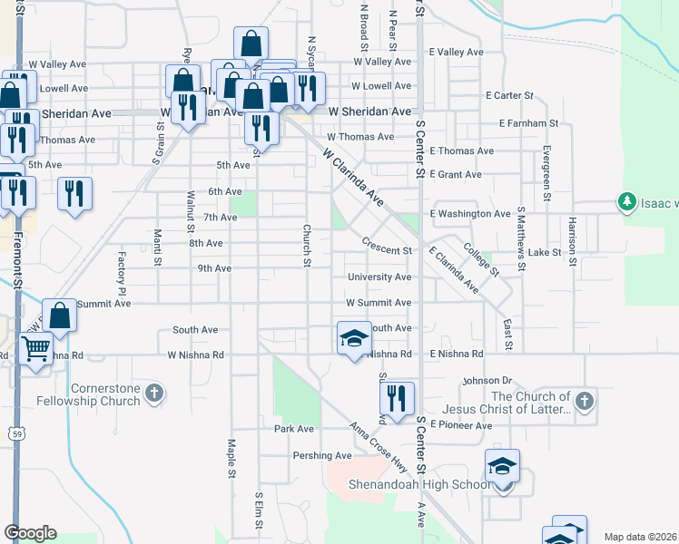 map of restaurants, bars, coffee shops, grocery stores, and more near 753-805 West Street in Shenandoah