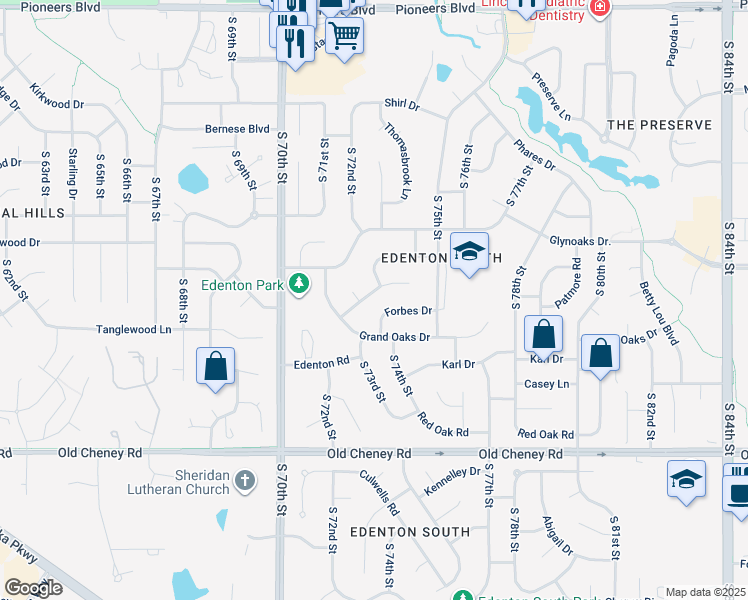map of restaurants, bars, coffee shops, grocery stores, and more near 7206 Forbes Drive in Lincoln